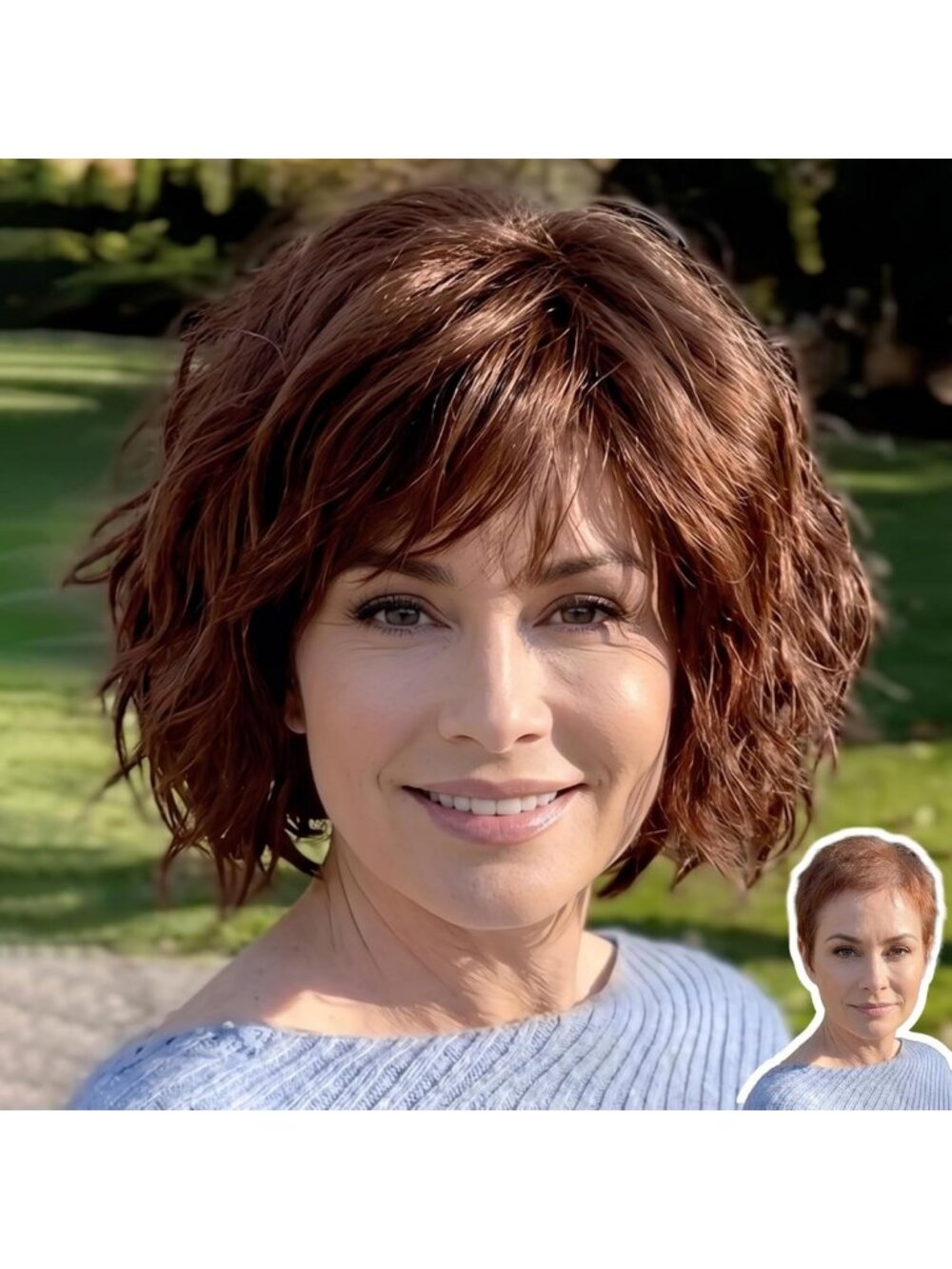 Medium Chestnut Brown Wavy Bob Wig with Bangs - 13 Inch Short Synthetic